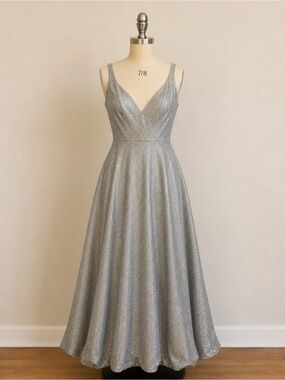 B Darlin Silver Sparkle V-Neck Maxi Gown
